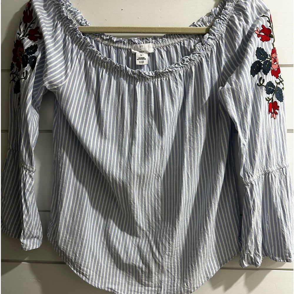 Ivy Main Blue White Stripe Womens Blouse Embroidered Size M 3/4 Bell Sleeves
